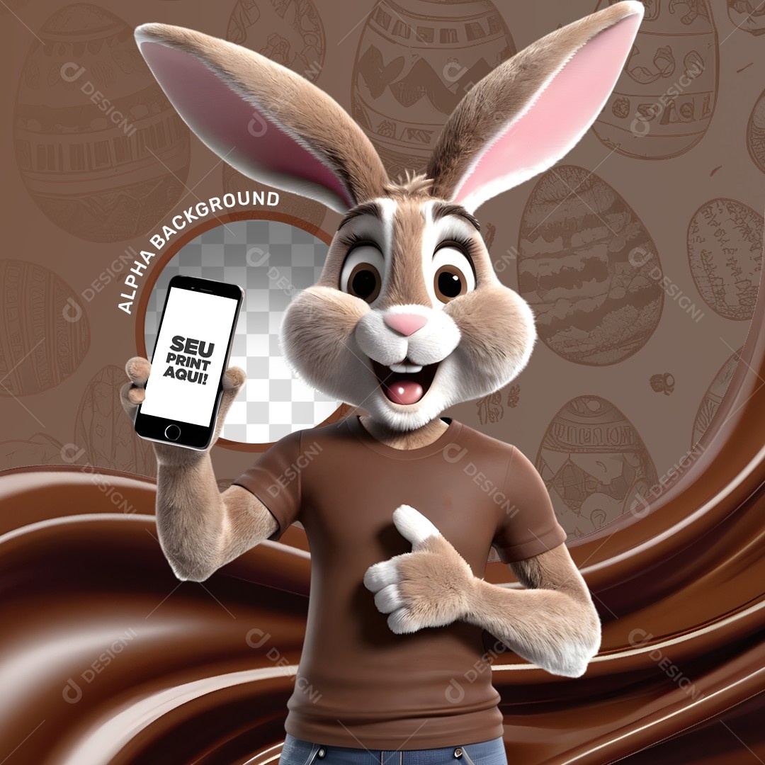 Elemento 3D Coelho da Páscoa Segurando um Celular Para Composição PSD