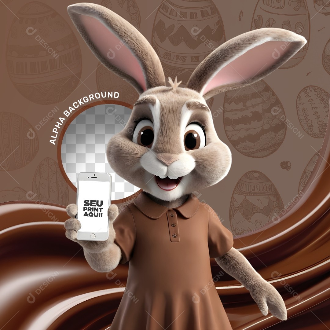 Elemento 3D Coelho da Páscoa Segurando um Celular Para Composição PSD