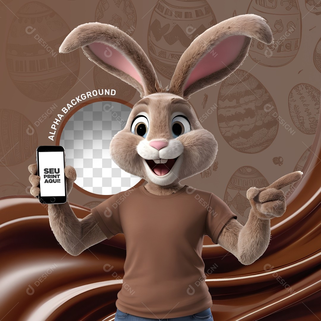 Elemento 3D Coelho da Páscoa Segurando um Celular Para Composição PSD