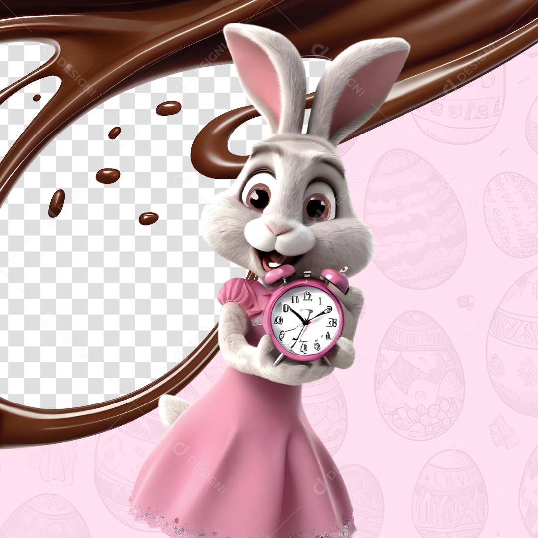 Elemento 3D Coelho da Páscoa Segurando um Relógio Para Composição PSD