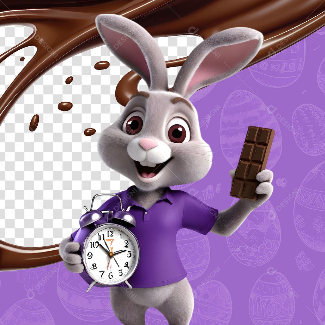 Elemento 3D Coelho da  Páscoa Segurando um Relógio Para Composição PSD