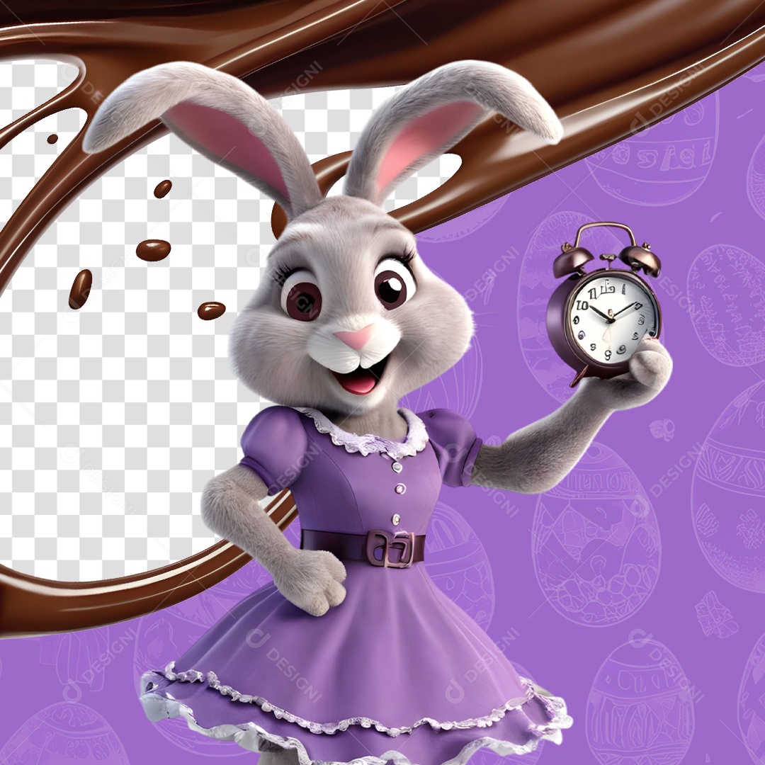 Elemento 3D Coelho da Páscoa Segurando um Relógio Para Composição PSD