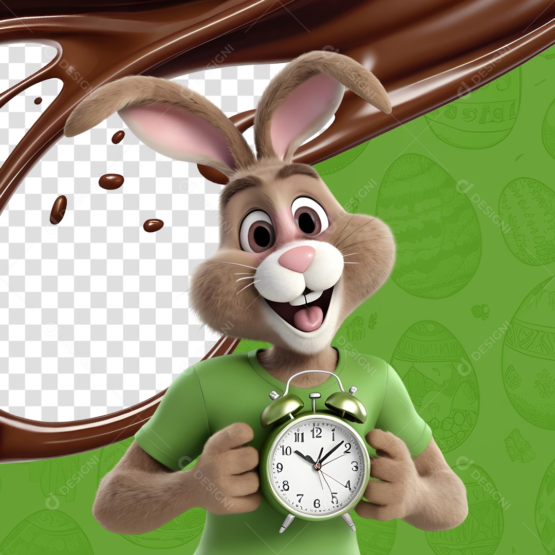Elemento 3D Coelho da Páscoa Segurando um Relógio Para Composição PSD
