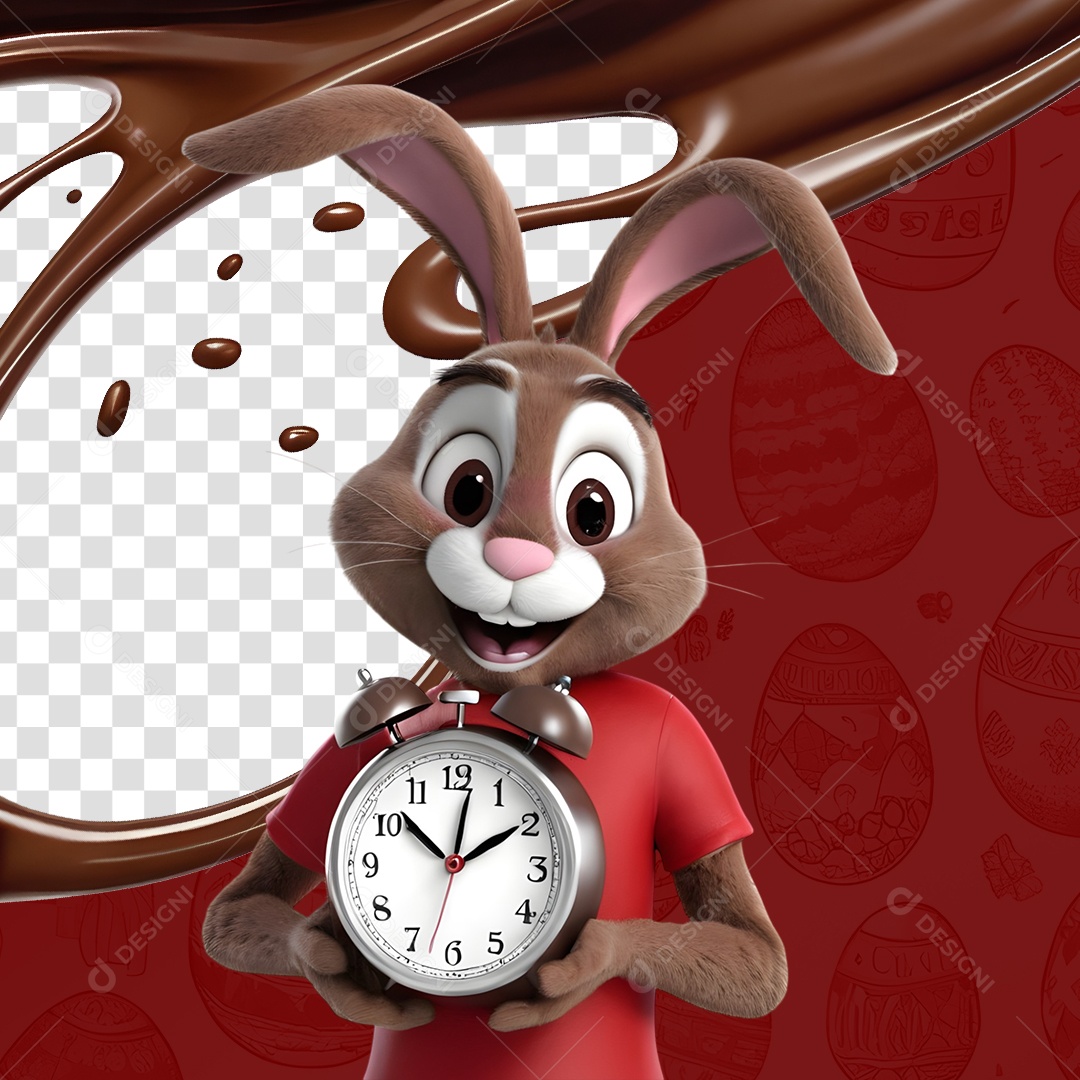 Elemento 3D Coelho da Páscoa Segurando um Relógio Para Composição PSD