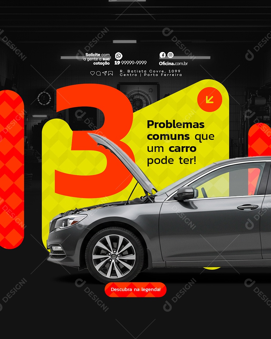 Oficina Mecânica Três Problemas Comuns Que um Carro Pode Ter Social Media PSD Editável