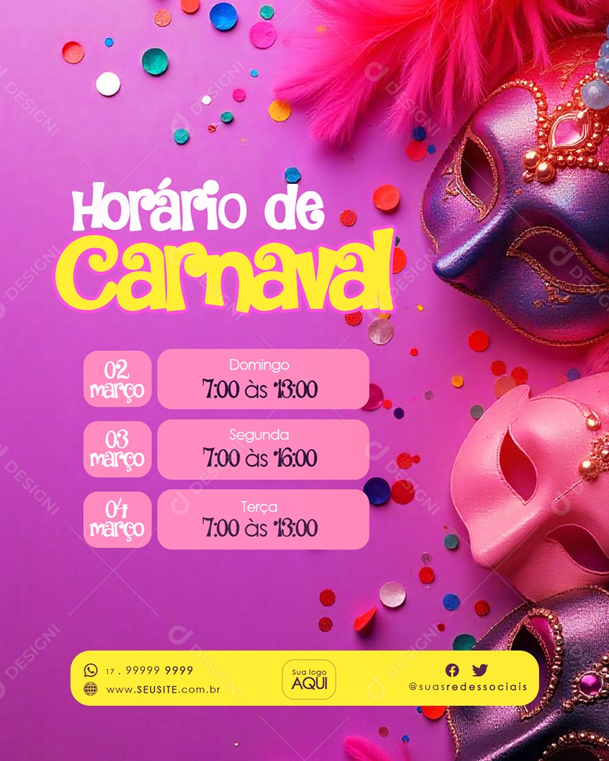 Flyer Comunicado Horário de Carnaval Social Media PSD Editável