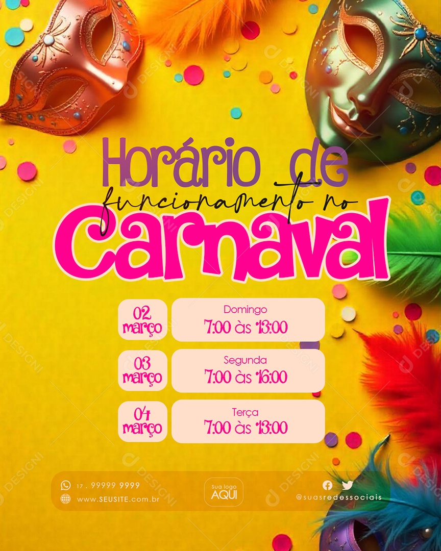 Flyer Comunicado Horário de Carnaval Social Media PSD Editável