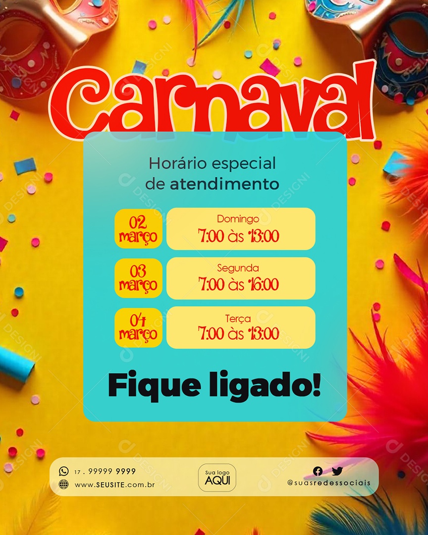Flyer Comunicado Horário Especial de Carnaval Social Media PSD Editável