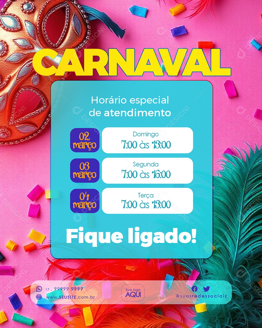 Flyer Comunicado Horário Especial de Carnaval Social Media PSD Editável