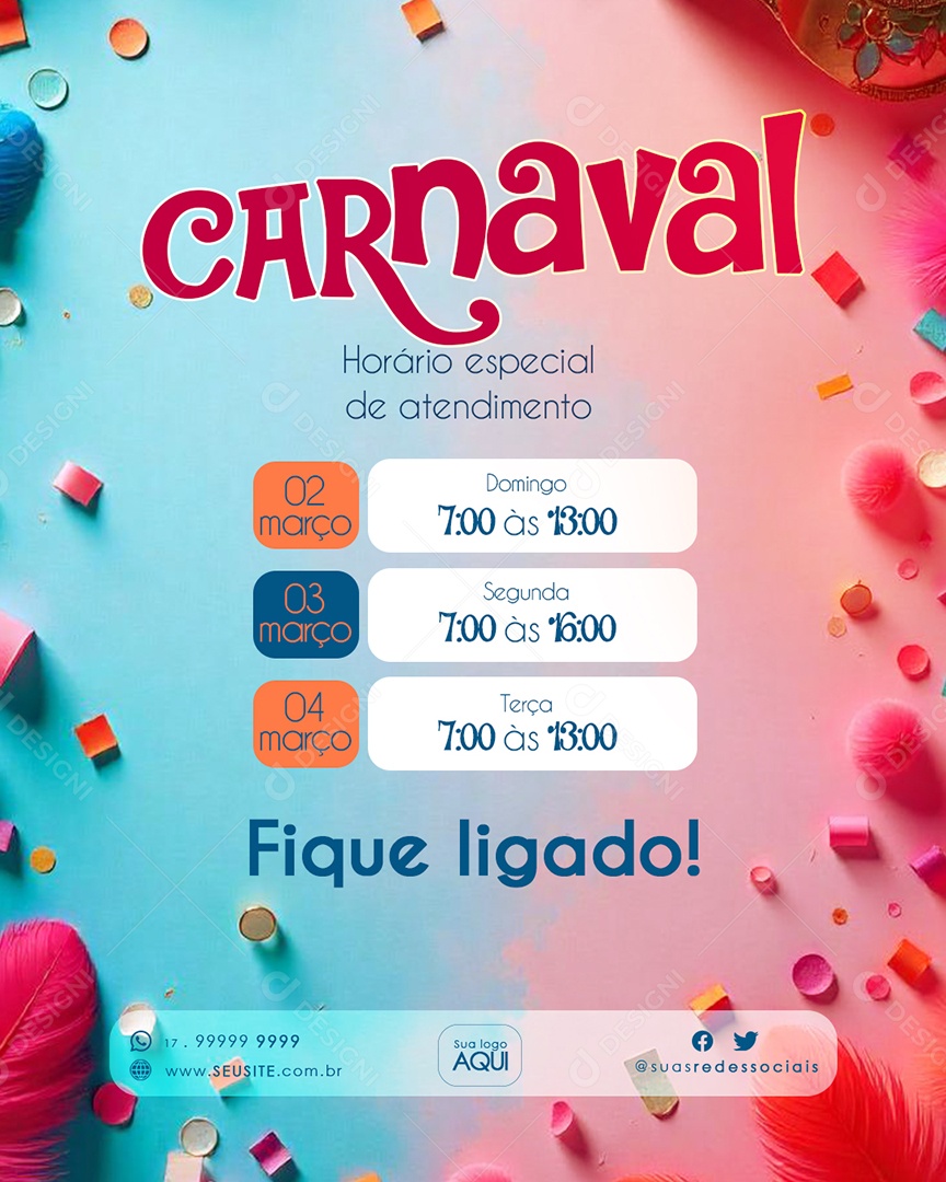 Flyer Comunicado Horário Especial de Carnaval Social Media PSD Editável