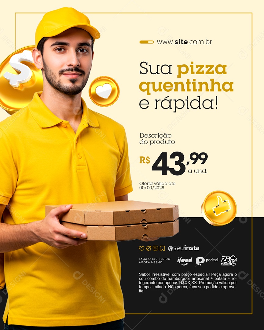 Lanchonete Sua Pizza Quentinha e Rápida Social Media PSD Editável