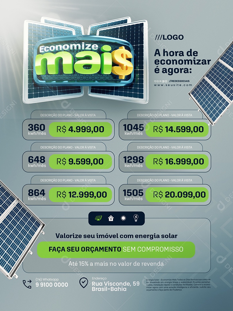 Energia Solar Economize Encarte Mais Faça seu Orçamento Social Media PSD Editável