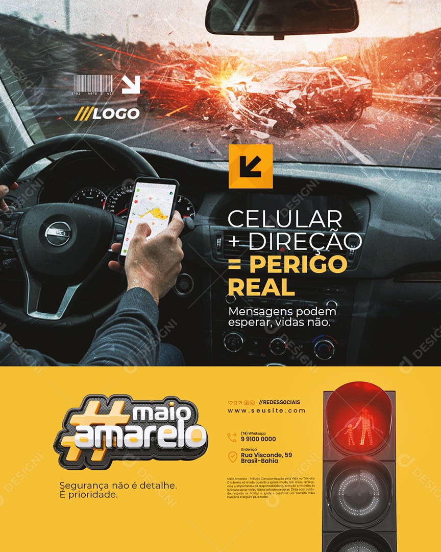 Maio Amarelo Celular Mais Direção Perigo Real Social Media PSD Editável