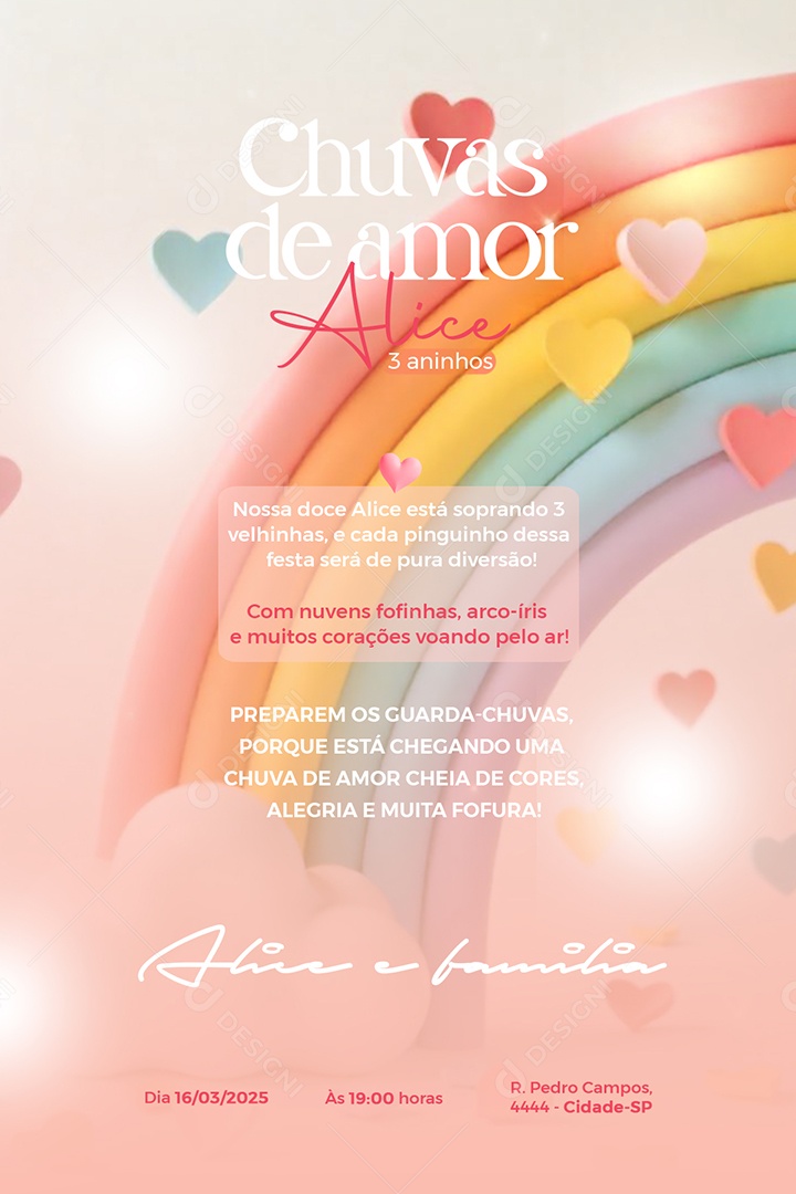 Modelo de Convite de Aniversário Infantil 3 Aninhos Social Media PSD Editável