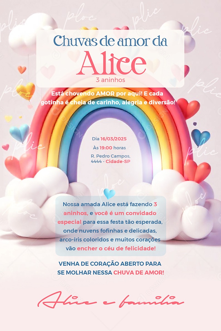 Modelo de Convite de Aniversário Infantil 3 Aninhos Social Media PSD Editável