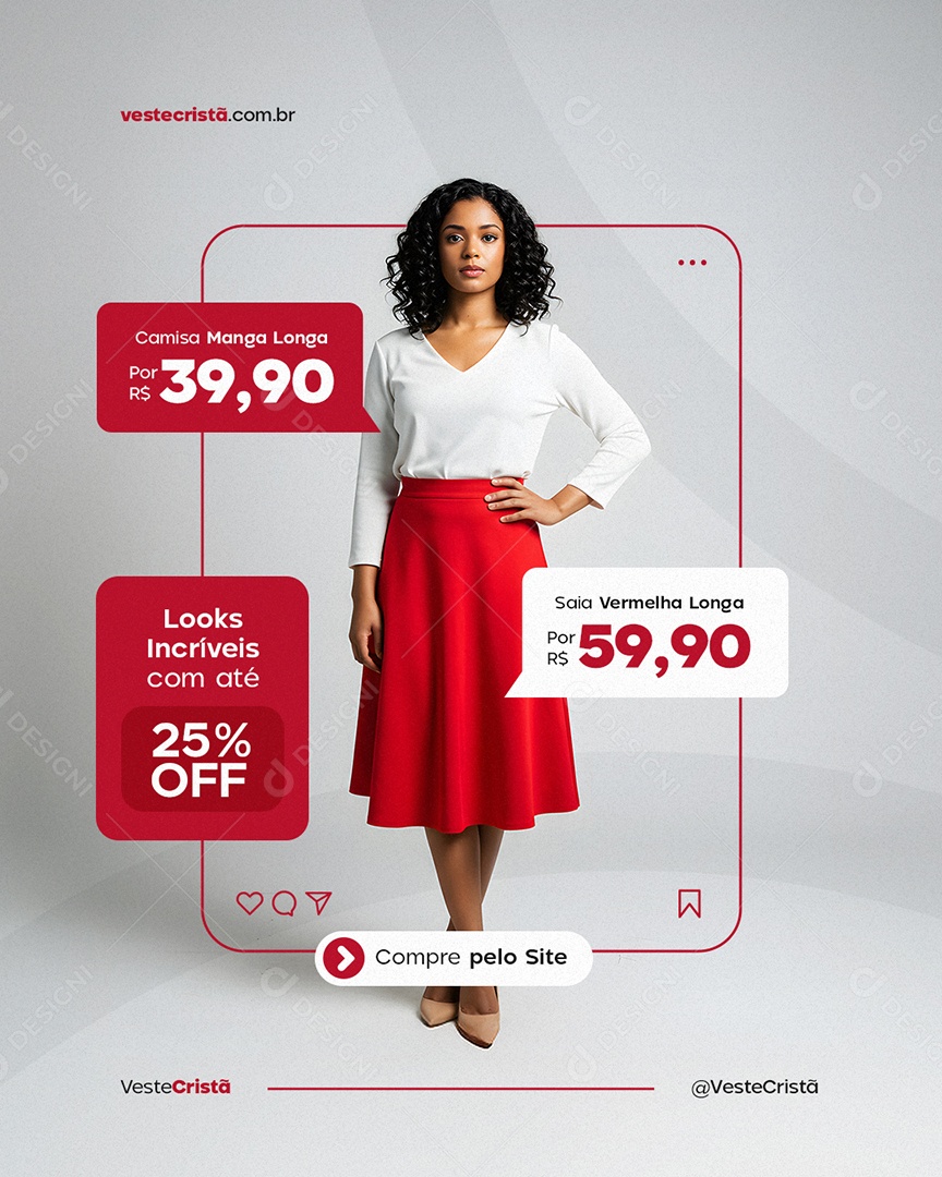 Loja de Moda Cristã Camisa Manga Longa Saia Vermelha Longa Social Media PSD Editável