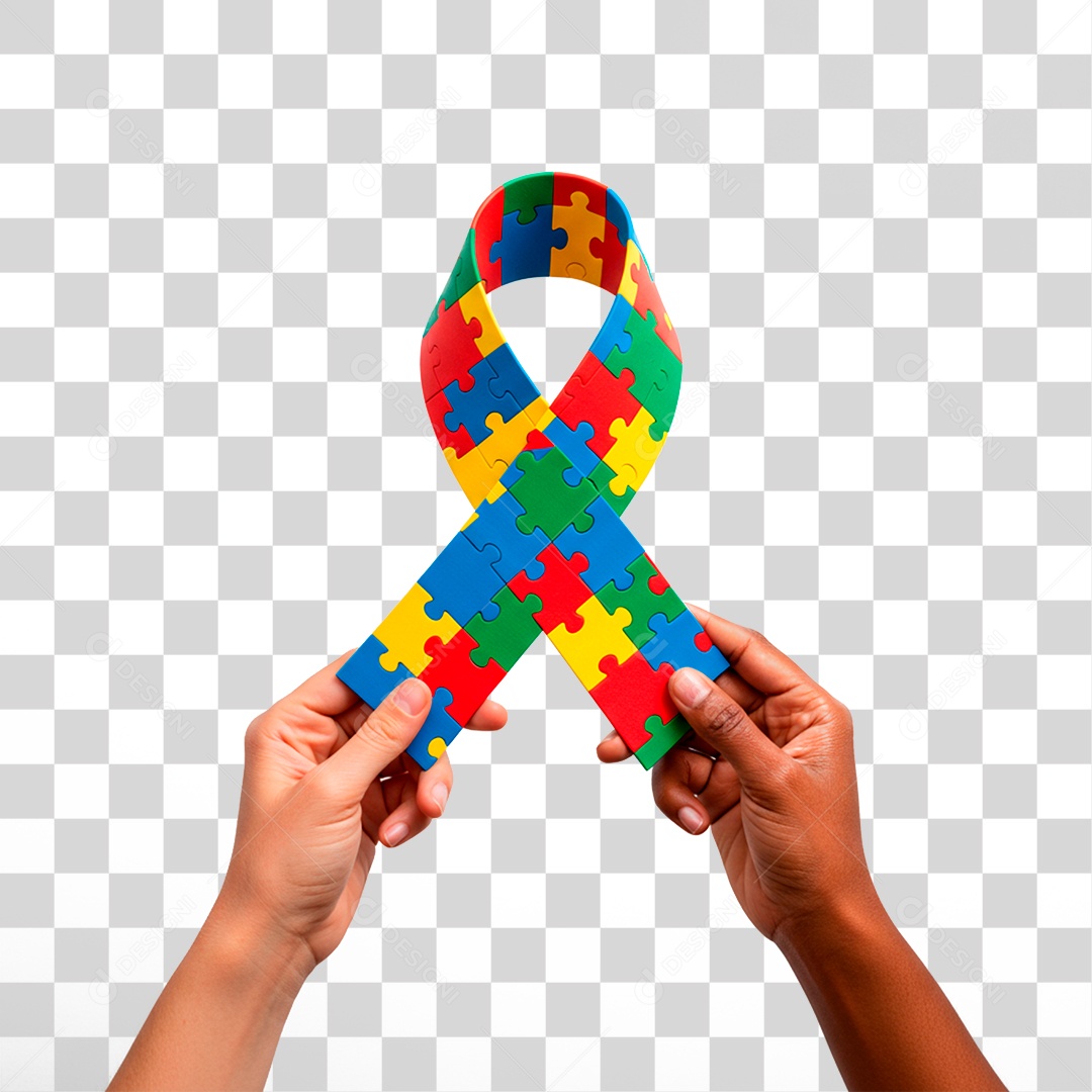 Mãos Segurando Fita com Cores do Autismo PNG Transparente