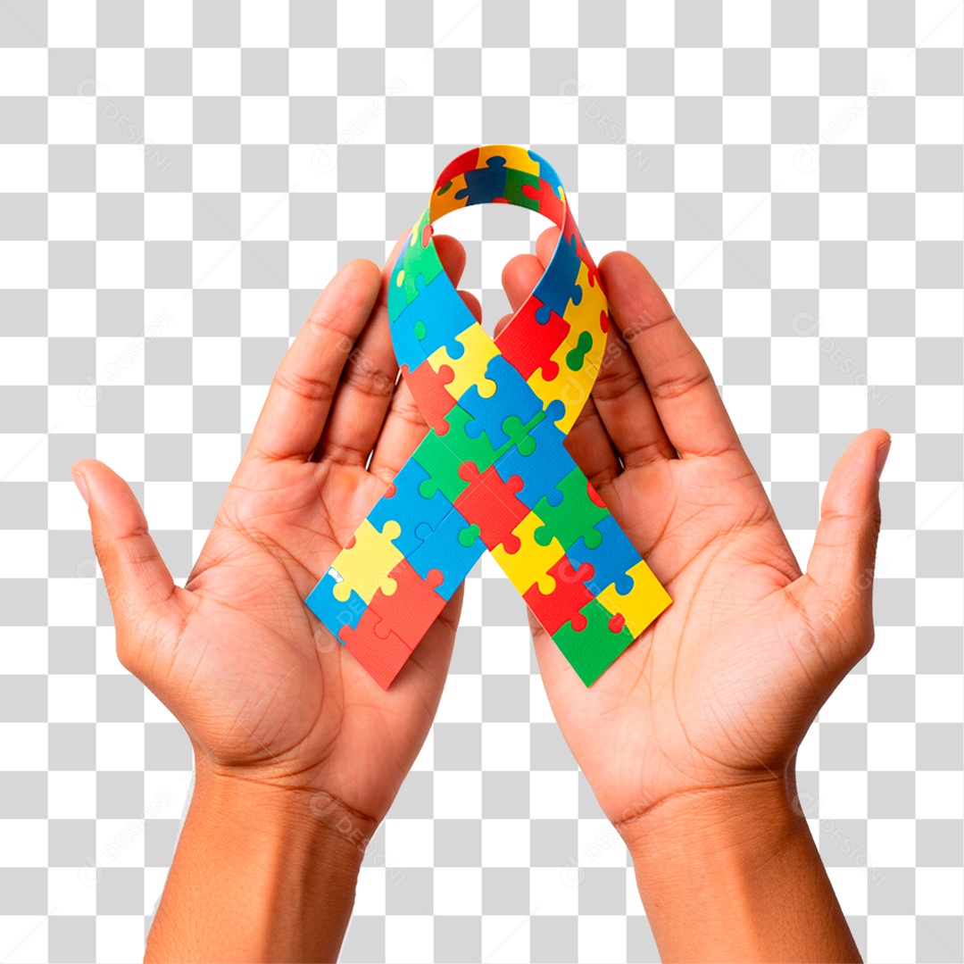 Mãos Segurando Fita com Cores do Autismo PNG Transparente