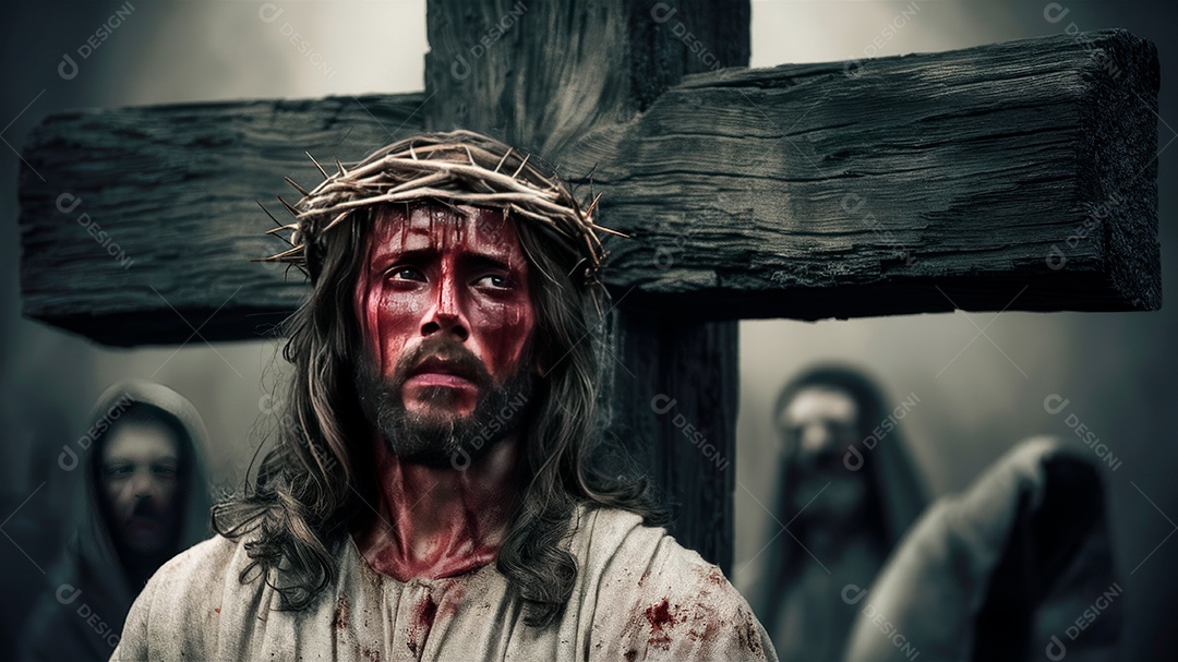 Retrato realista de Jesus Cristo sendo crucificado.