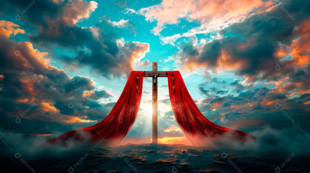 Retrato realista de uma cruz sobre o céu.