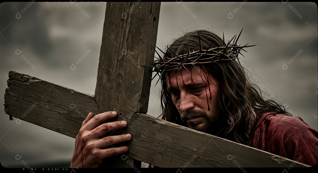 Retrato realista de Jesus Cristo segurando sua cruz.