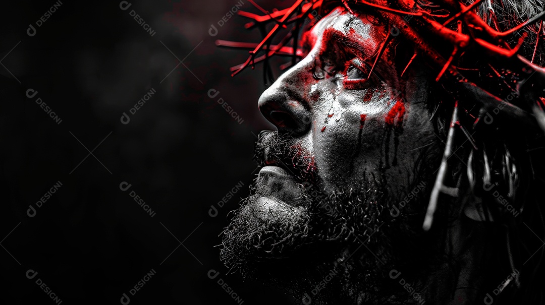 Retrato realista de Jesus Cristo usando coroa de espinhos.