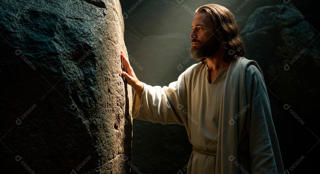 Retrato realista de Jesus Cristo frente seu túmulo.