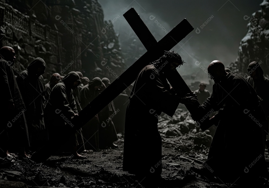 Retrato realista de Jesus Cristo segurando sua cruz.