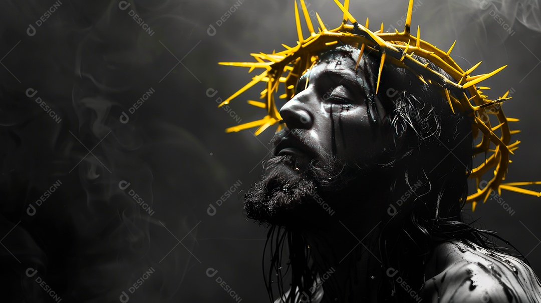 Retrato realista de Jesus Cristo usando coroa de espinhos.