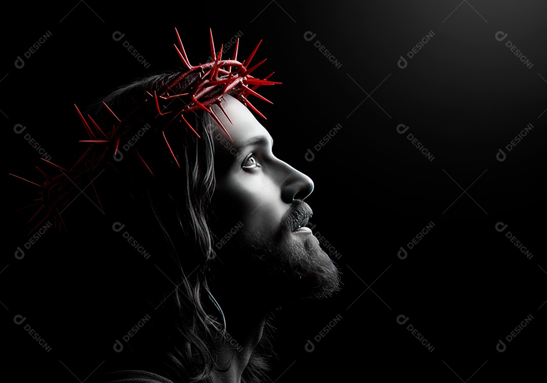 Retrato realista de Jesus Cristo usando coroa de espinhos.