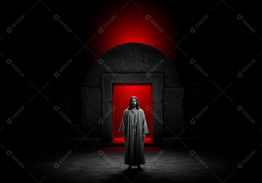 Retrato realista de Jesus Cristo sobre fundo seu túmulo.