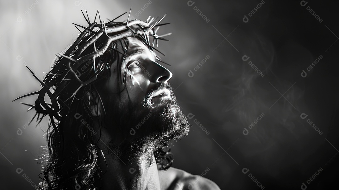 Retrato realista de Jesus Cristo usando coroa de espinhos.