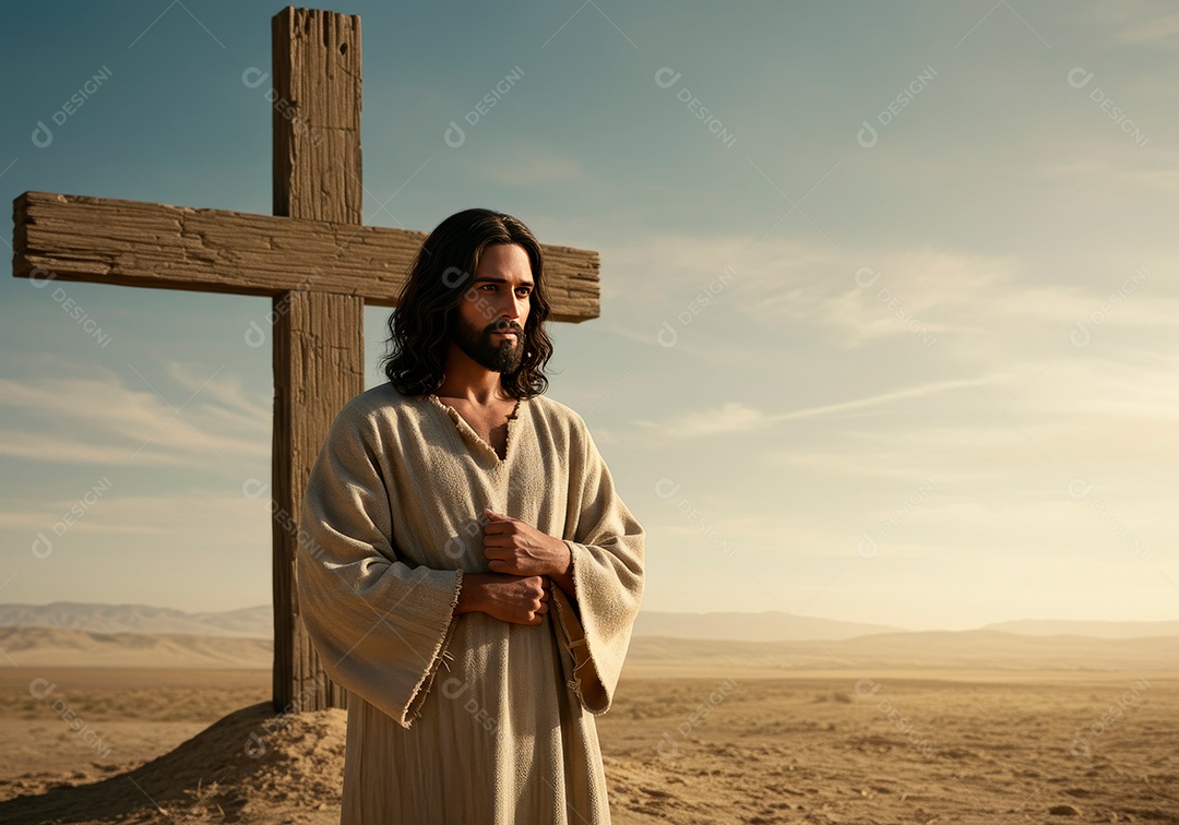 Retrato realista de Jesus Cristo ao lado de sua cruz.