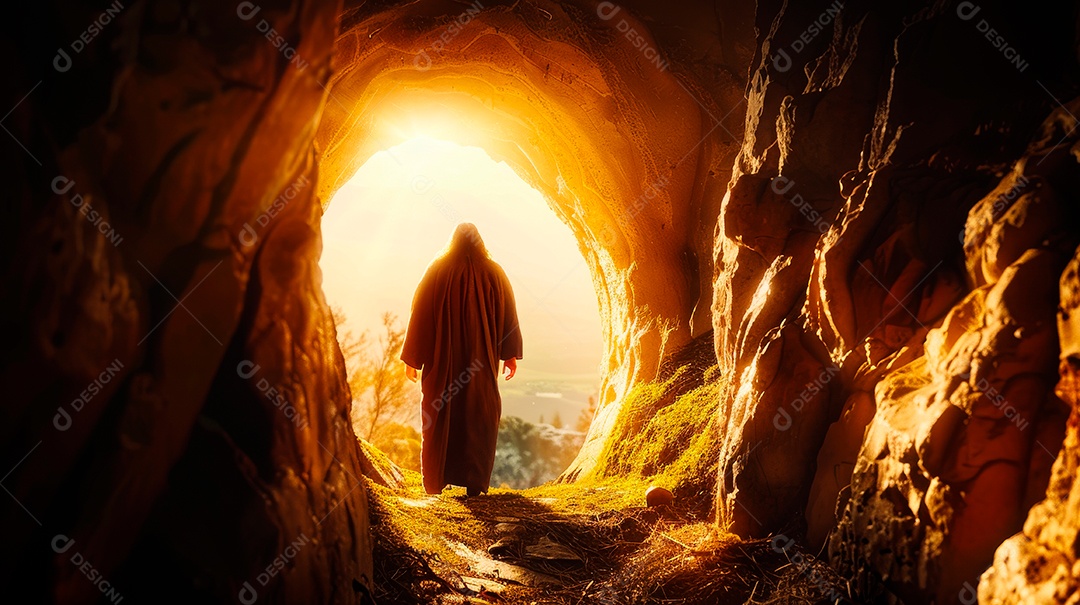 Retrato realista de Jesus Cristo sobre uma caverna.