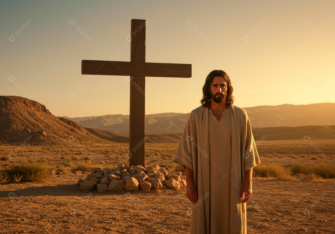 Retrato realista de Jesus Cristo sobre fundo uma cruz.