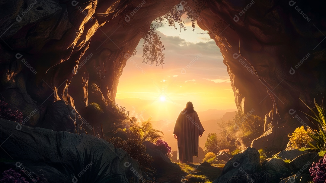 Retrato realista de Jesus Cristo sobre uma caverna.