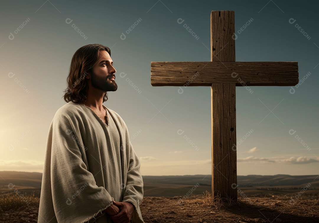 Retrato realista de Jesus Cristo ao lado de sua cruz.