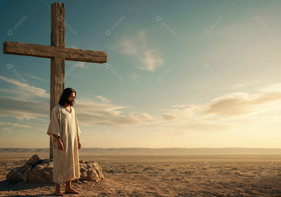 Retrato realista de Jesus Cristo ao lado de sua cruz.