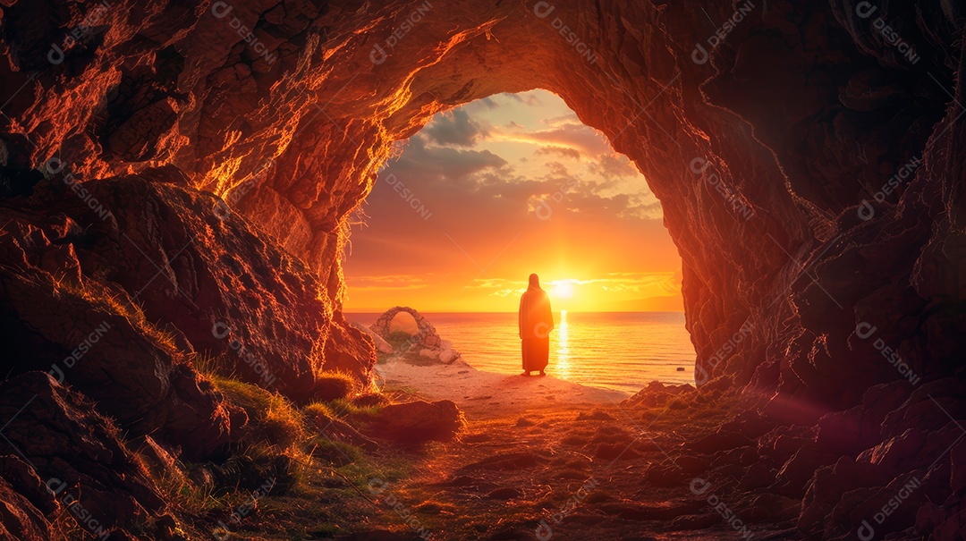 Retrato realista de uma silhueta Jesus Cristo sobre uma caverna.