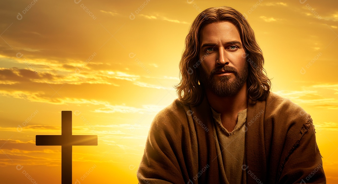 Retrato realista de Jesus Cristo sobre fundo sua cruz.