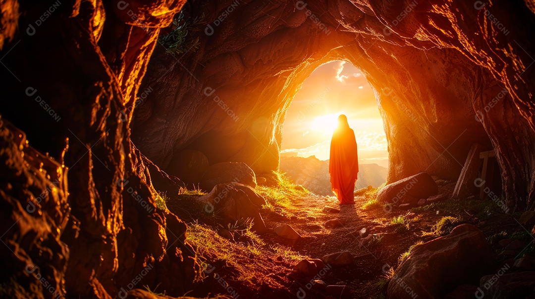 Retrato realista de uam silhueta de Jesus Cristo sobre uma caverna.