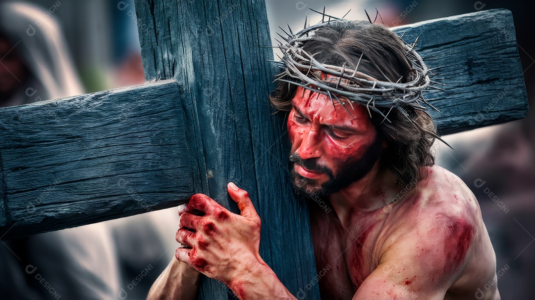 Retrato realista de Jesus Cristo usando coroa de espinhos segurando sua cruz.