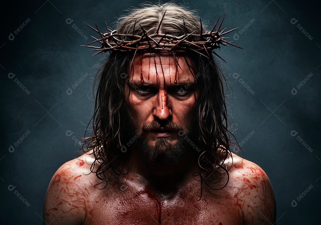 Retrato realista de Jesus Cristo usando coroa de espinhos.