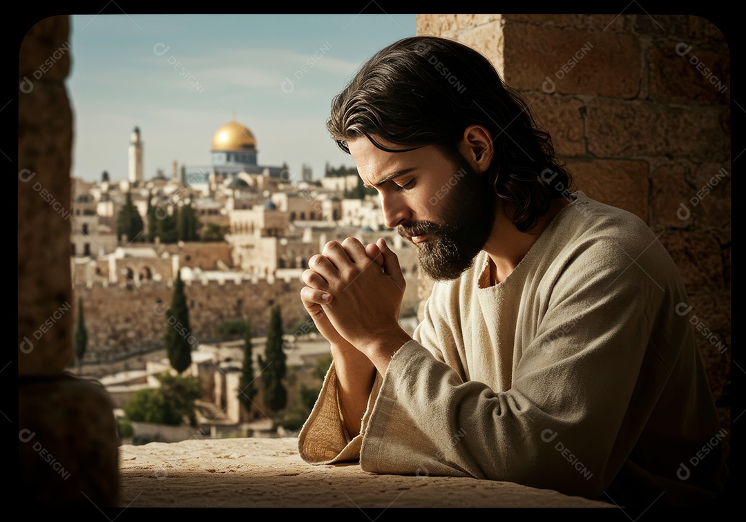 Retrato realista de Jesus Cristo fazendo oração.