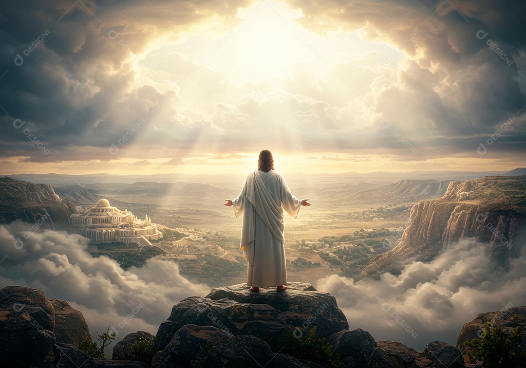 Retrato realista de Jesus Cristo sobre montanha.