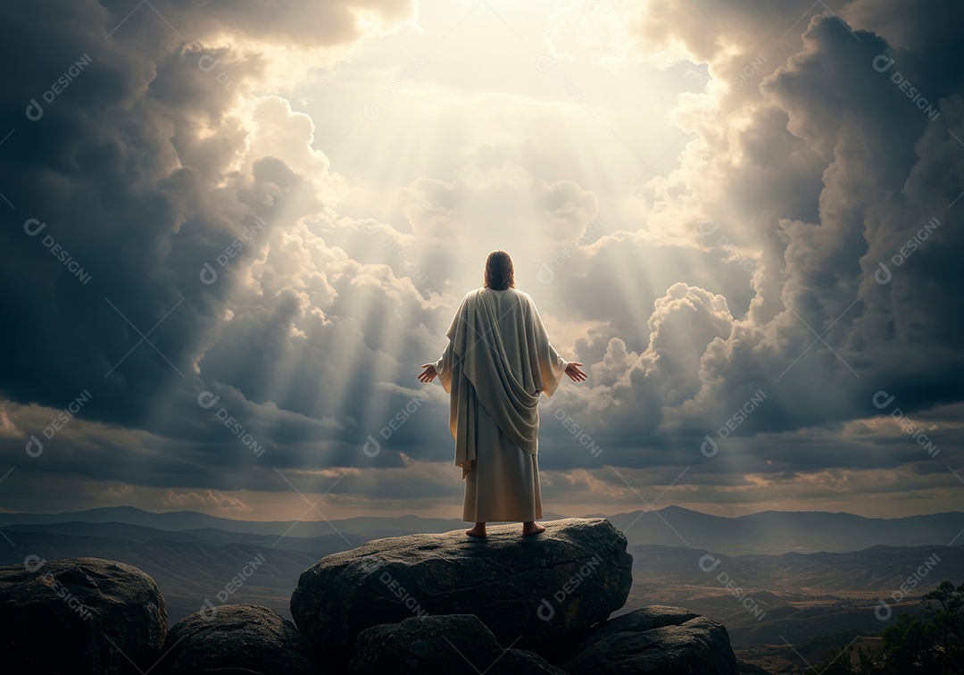 Retrato realista de Jesus Cristo sobre montanha.