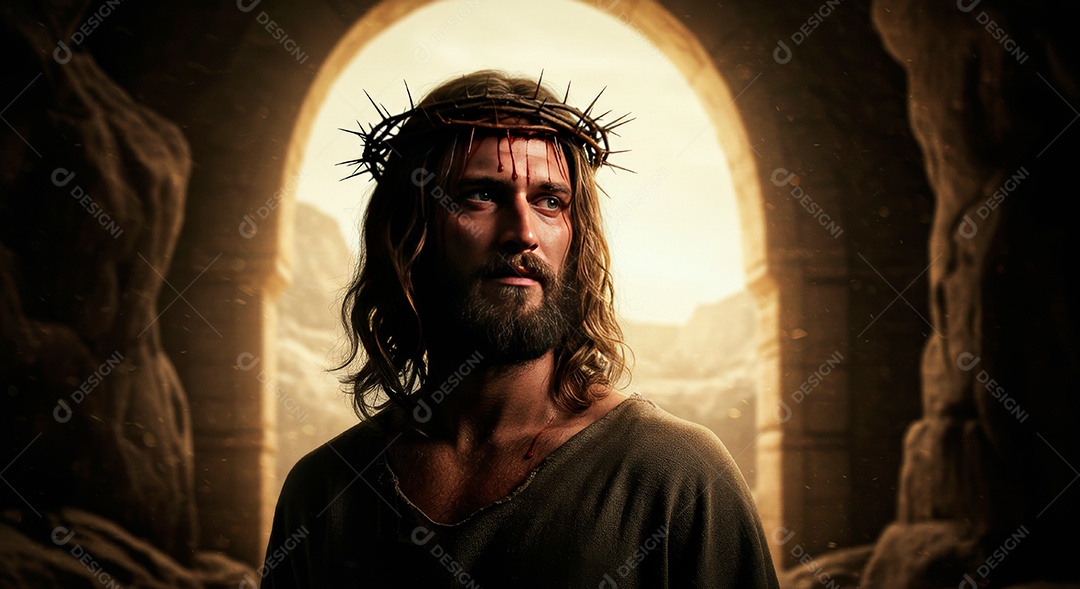 Retrato realista de Jesus Cristo usando coroa de espinhos.