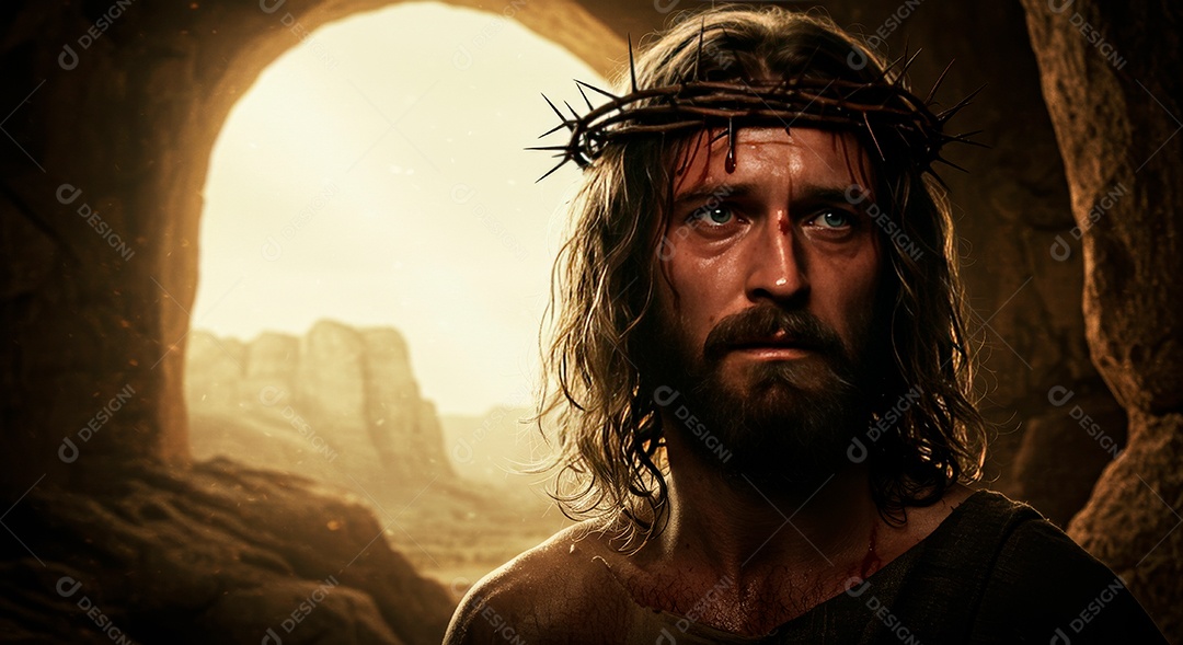 Retrato realista de Jesus Cristo usando coroa de espinhos.