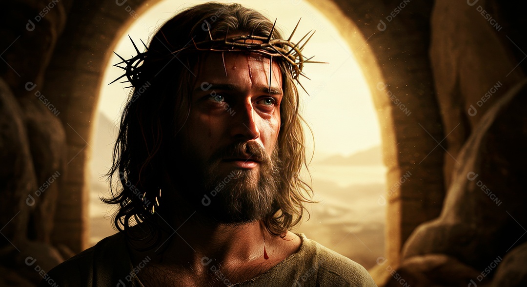 Retrato realista de Jesus Cristo usando coroa de espinhos.