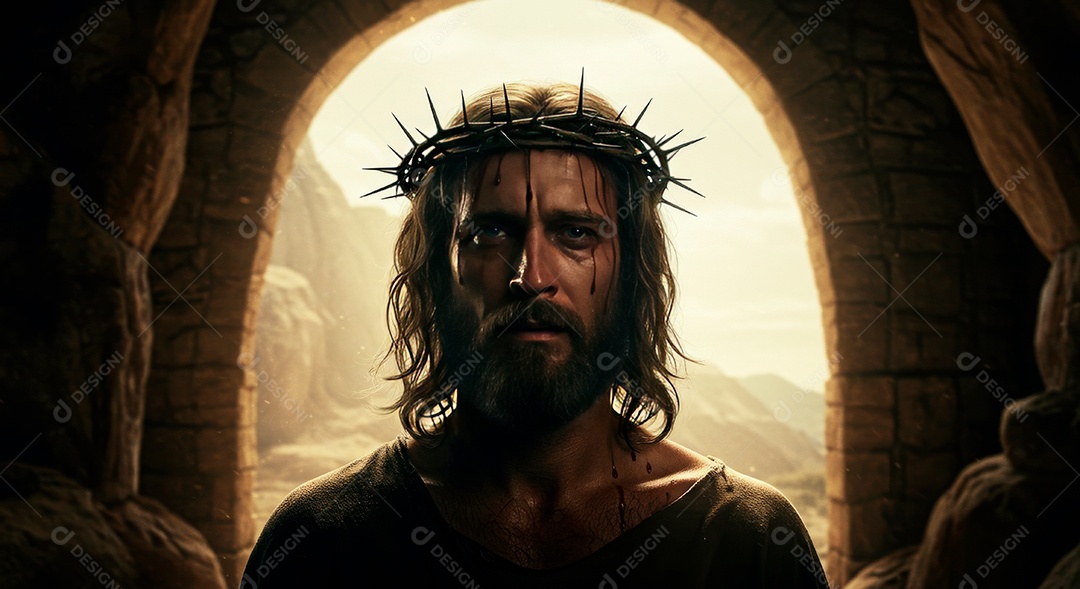 Retrato realista de Jesus Cristo usando coroa de espinhos.